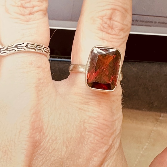 925 Sterling Silver Plated Ring Red Topaz Faceted & Bezel Set Rectangular - Picture 9 of 15